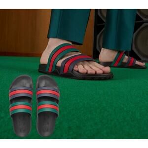 Gucci Men's Agrado GRG Rubber Red/Green Sherry Line Striped Slides Size 12